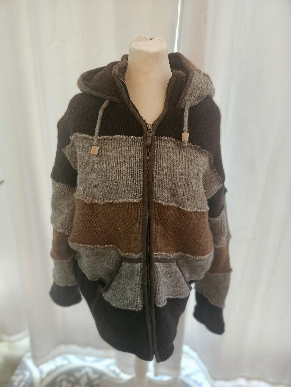 Men's Brown Lost Horizons Wool Striped Zip-Up Hooded Sweater Xl